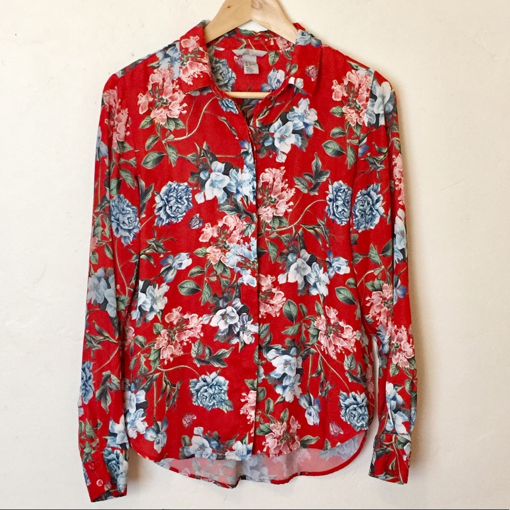 H&M Red Floral Blouse Top Size 2